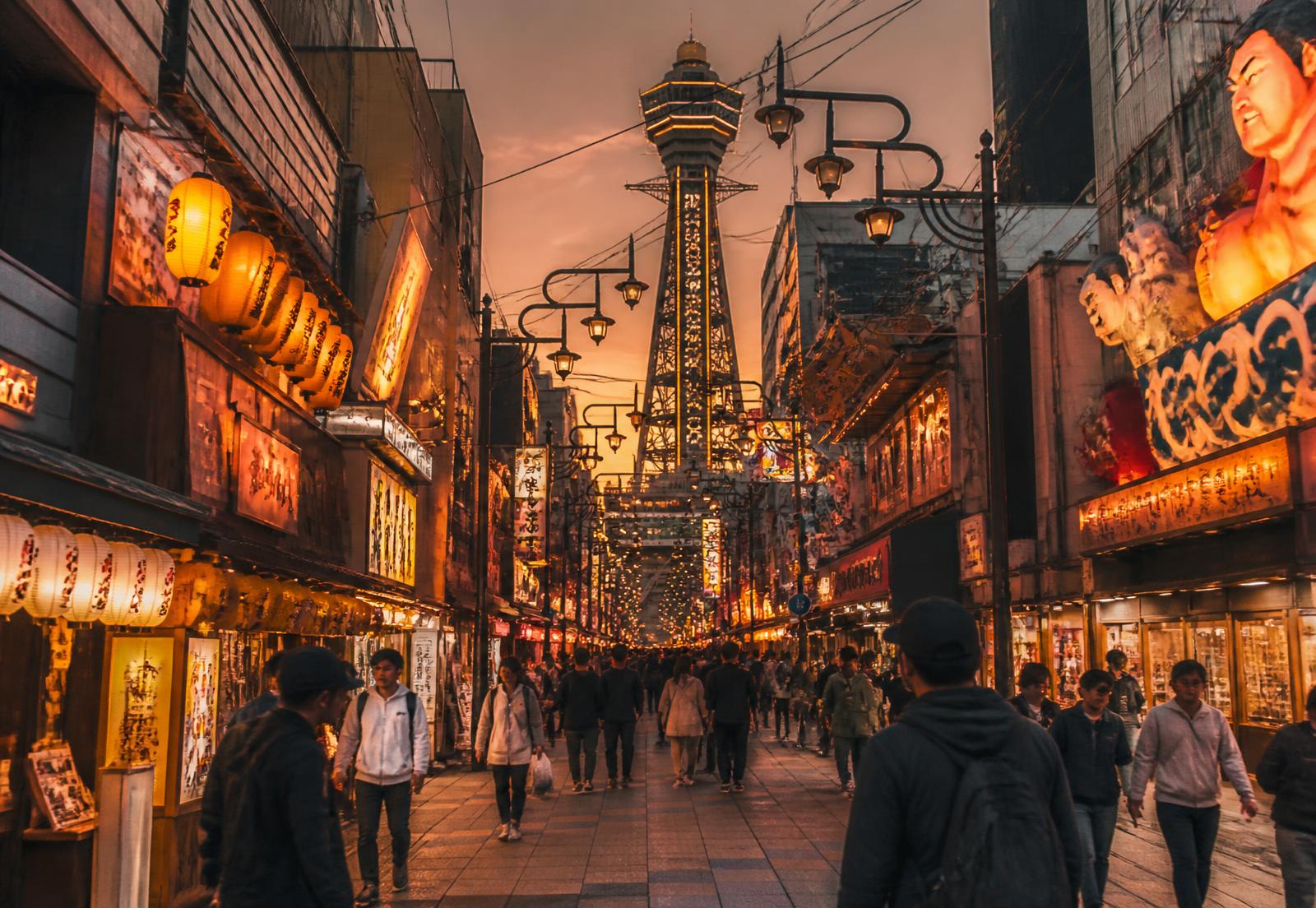 Quiet commercial street in Osaka at dawn